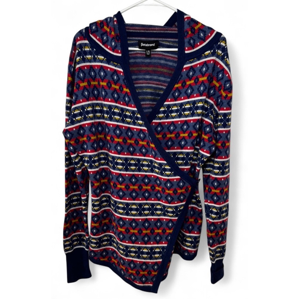 Betabrand Fair Isle Wrap Sweater Hooded Geometric Knit Cardigan Blue Red L/XL